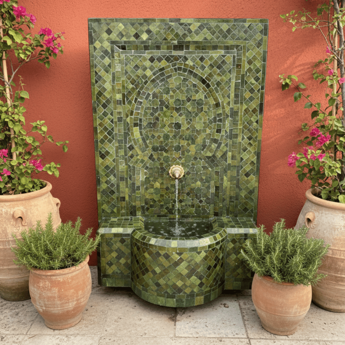 Fontaine Zellige - Aladin - Vert Tamegroute - 100x60cm - Pompe & Crachoir Laiton -