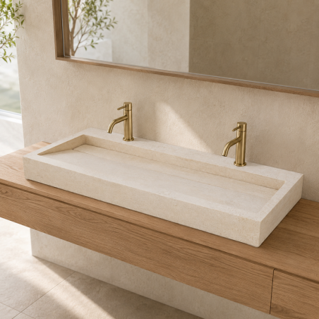 Vasque à poser Travertin Beige - 120x45x10cm - Ecoulement caché - Bord Droit - Lisse -
