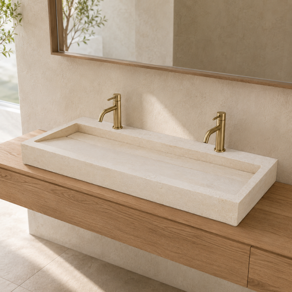Vasque à poser Travertin Beige - 120x45x10cm - Ecoulement caché - Bord Droit - Lisse -