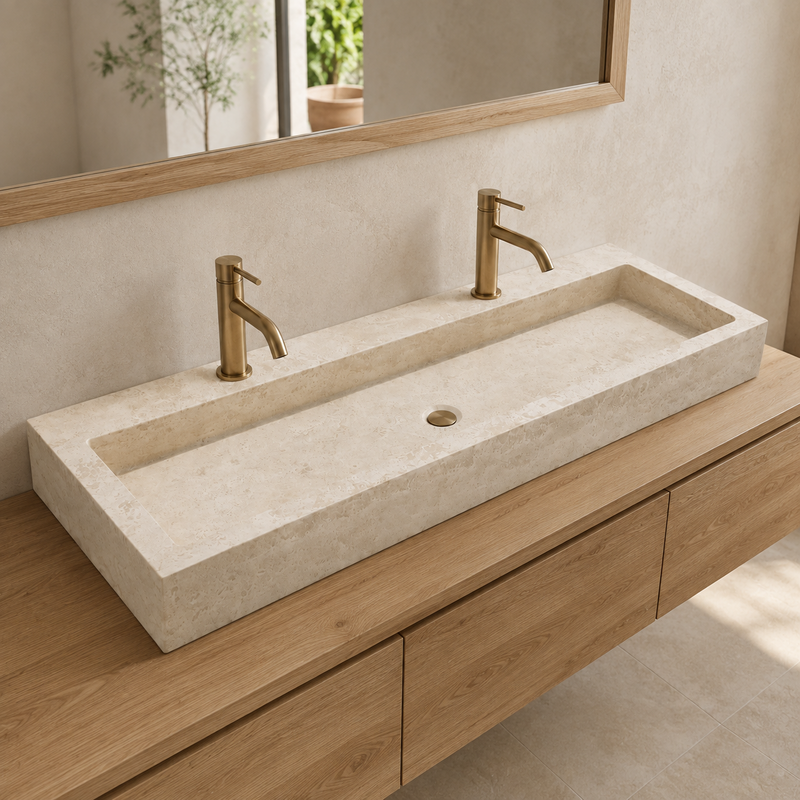 Vasque à poser Travertin Beige - 120x45x10cm - Bord droit - Lisse -