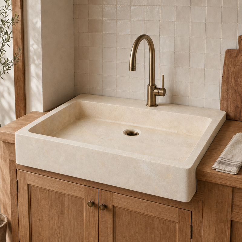 Evier à poser Travertin beige - 1 bac - 90x70x15cm - Lisse -