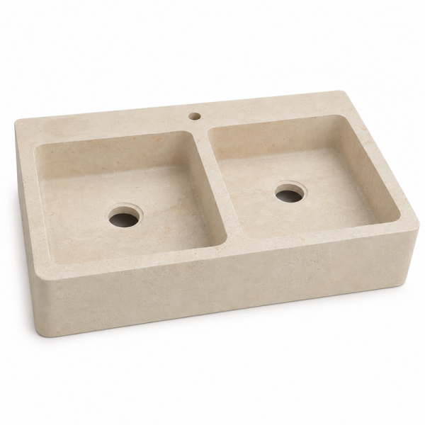Evier à poser Travertin beige - 2 bacs - 90x70x15cm - Lisse -