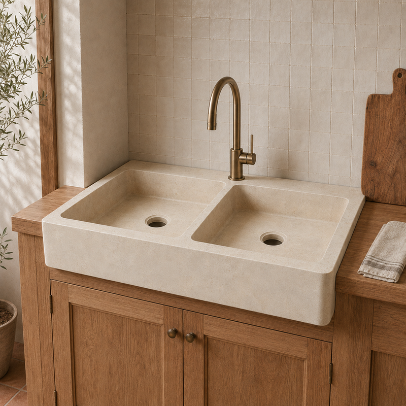 Evier à poser Travertin beige - 2 bacs - 90x70x15cm - Lisse -