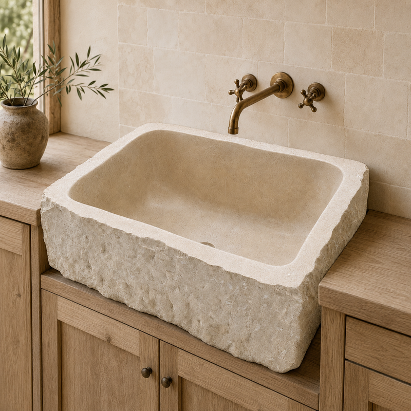 Evier à poser Marbre Beige - 1 bac - ≈ 65x50x26cm - Eclatée Naturelle -