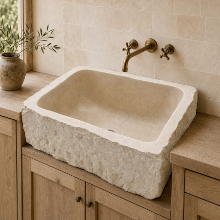 Evier à poser Marbre Beige - 1 bac - ≈ 65x50x26cm - Eclatée Naturelle -