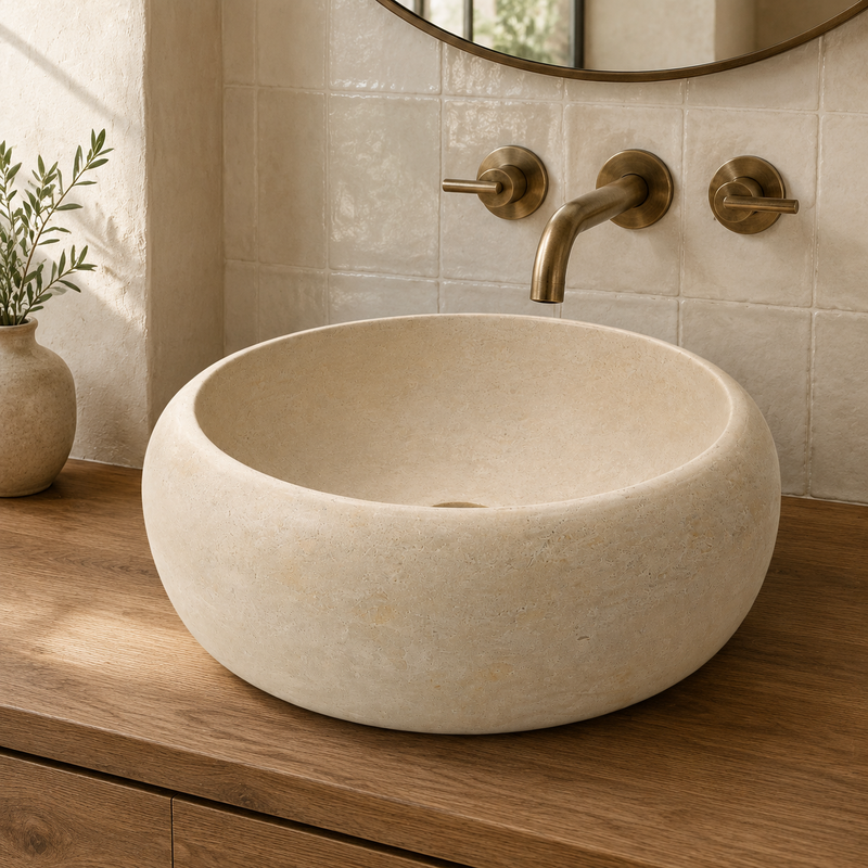 Vasque Marbre Beige - ⌀ 40cm - Hauteur 14cm - Bombée Lisse -