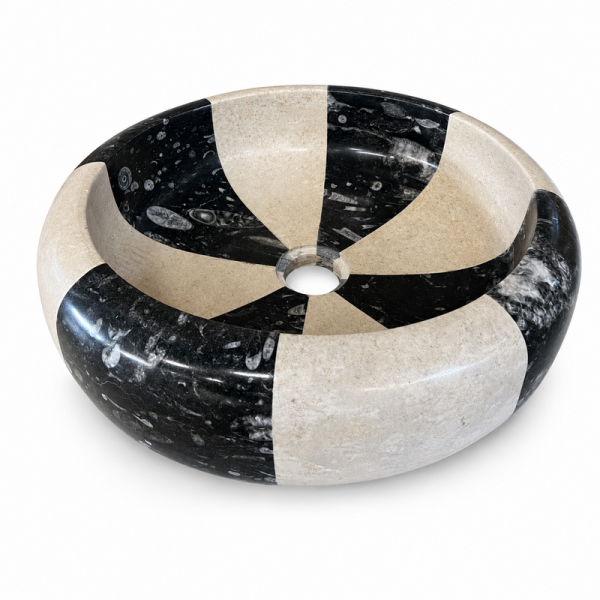Vasque à poser Marbre Noir Fossile & Beige - ⌀ 40x15cm - Bombée Lisse -