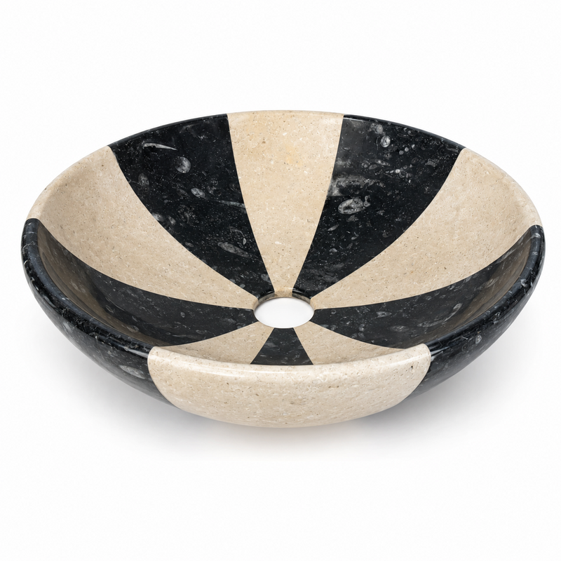 Vasque à poser Marbre Noir Fossile & Beige - ⌀ 40x15cm - Bol Lisse -