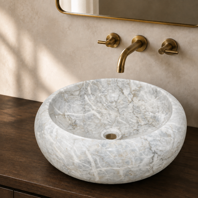 Vasque à poser Marbre Blanc - ⌀ 40x15cm - Bombée Lisse -