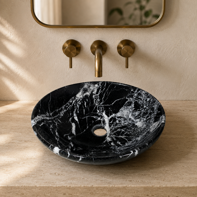 Vasque à poser Marbre Noir Veiné Blanc - ⌀ 40x15cm - Bol Lisse -