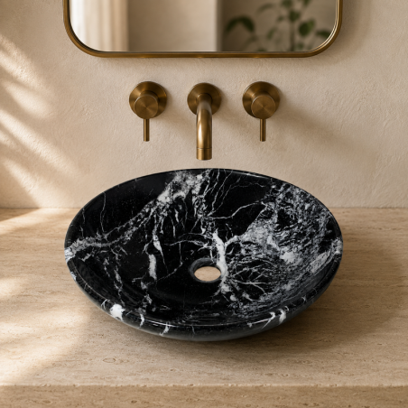 Vasque à poser Marbre Noir Veiné Blanc - ⌀ 40x15cm - Bol Lisse -