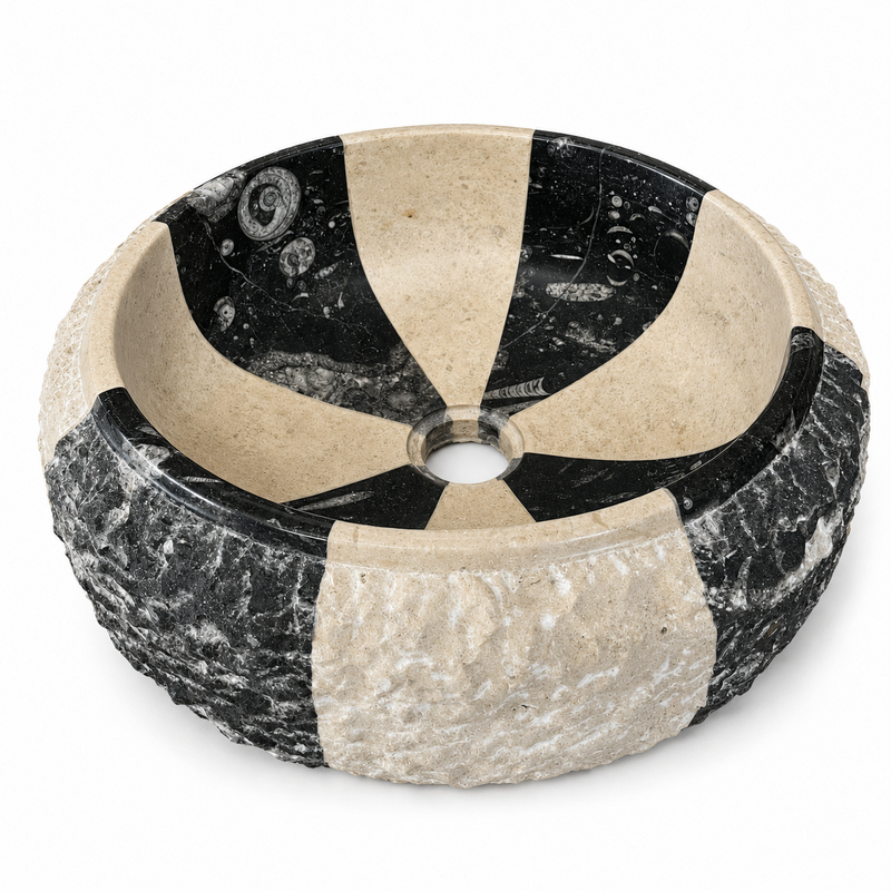 Vasque à poser Marbre Noir & Beige - ⌀ 40x15cm - Bombée Eclatée -