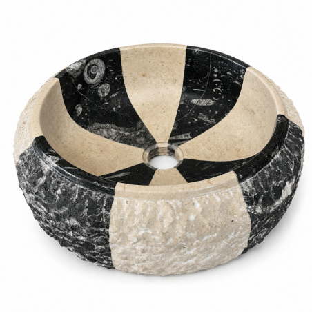 Vasque à poser Marbre Noir & Beige - ⌀ 40x15cm - Bombée Eclatée -