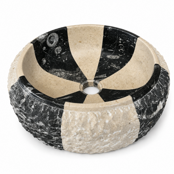 Vasque à poser Marbre Noir & Beige - ⌀ 40x15cm - Bombée Eclatée -