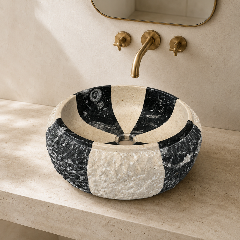 Vasque à poser Marbre Noir & Beige - ⌀ 40x15cm - Bombée Eclatée -