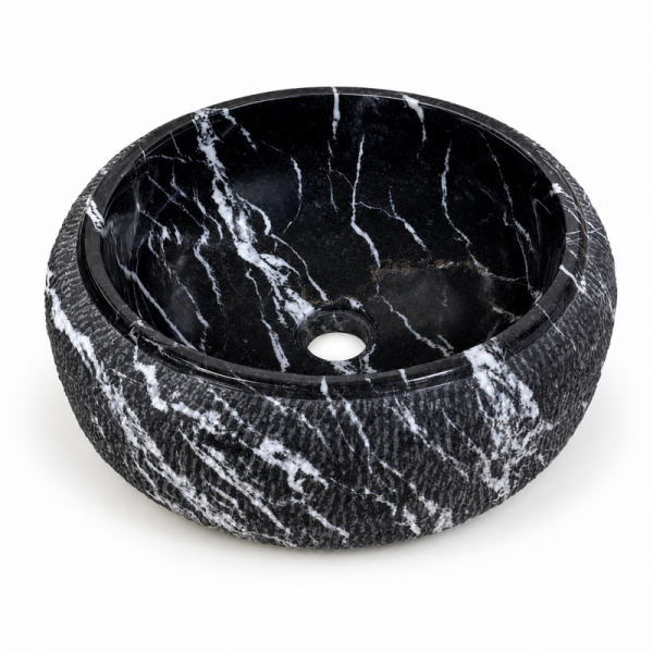 Vasque à poser Marbre Noir Veiné Blanc - ⌀ 40x15cm - Hauteur 14cm - Bombée Eclatée -