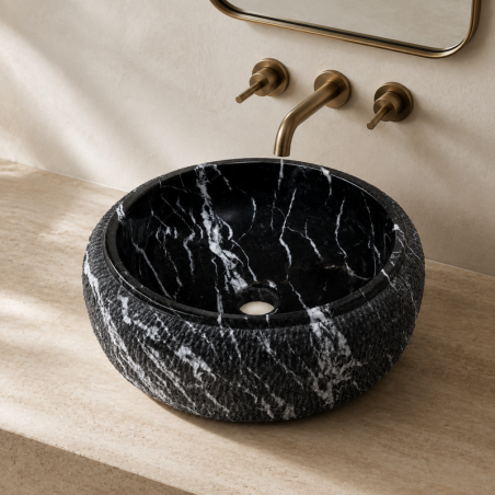 Vasque à poser Marbre Noir Veiné Blanc - ⌀ 40x15cm - Hauteur 14cm - Bombée Eclatée -