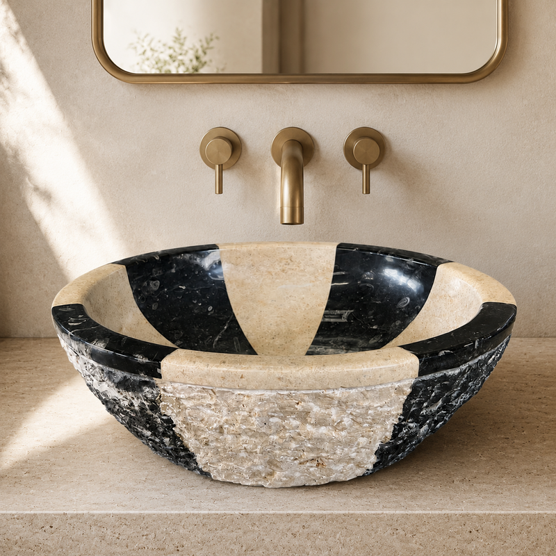 Vasque à poser Marbre Noir & Beige - ⌀ 40x15cm - Bol Eclaté -