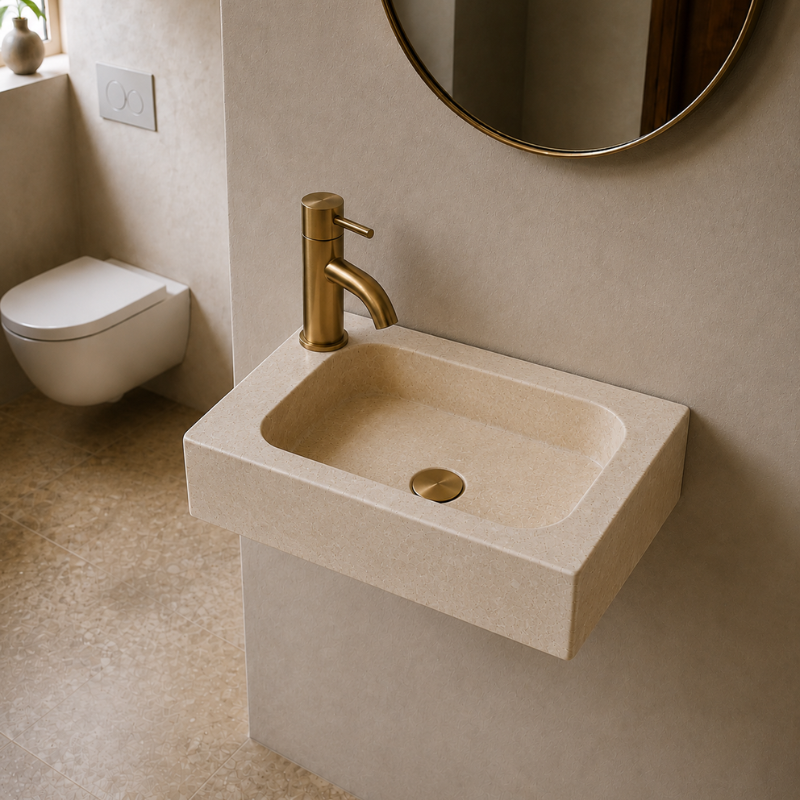 Lave Main à poser Marbre Beige - 40x25x10cm - Lisse - Perçage Robinet Droit -