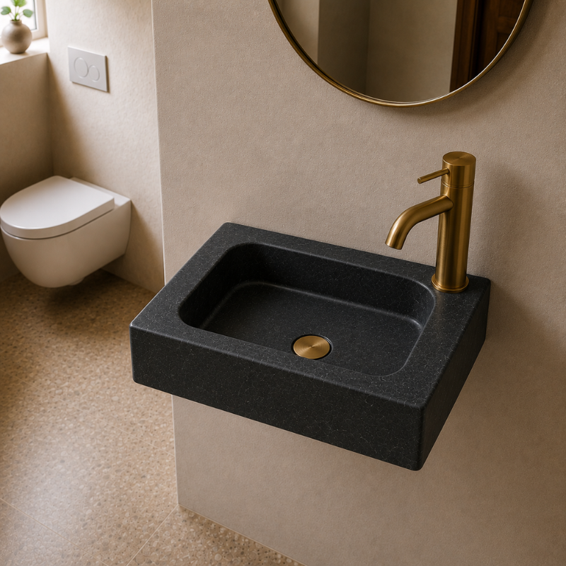 Lave Main à poser Marbre Noir - 40x25x10cm - Lisse - Perçage Robinet Gauche -