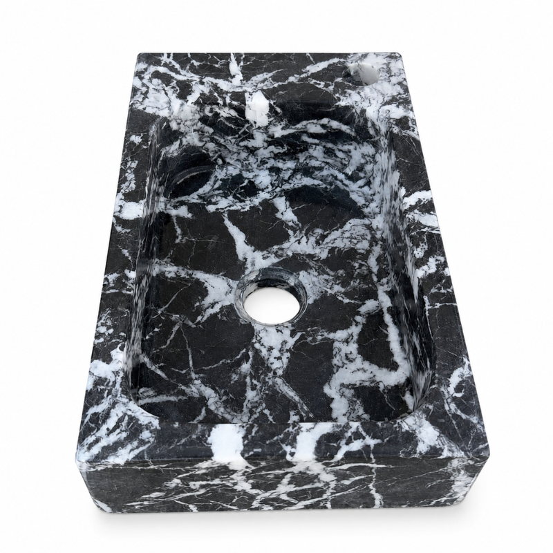 Lave Main à poser Marbre Noir Veiné Blanc - 40x25x10cm - Lisse - Perçage Robinet Droit -