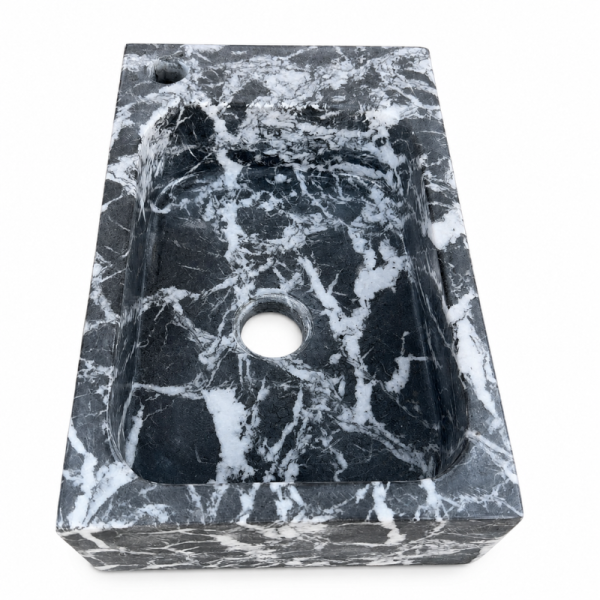Lave Main à poser Marbre Noir Veiné Blanc - 40x25x10cm - Lisse - Perçage Robinet Gauche -
