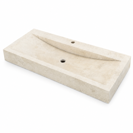 Vasque à poser Travertin Beige - 100x45x10cm - Cuve Arrondie Longueur - Bord droit - Lisse - 1 perçage robinet -