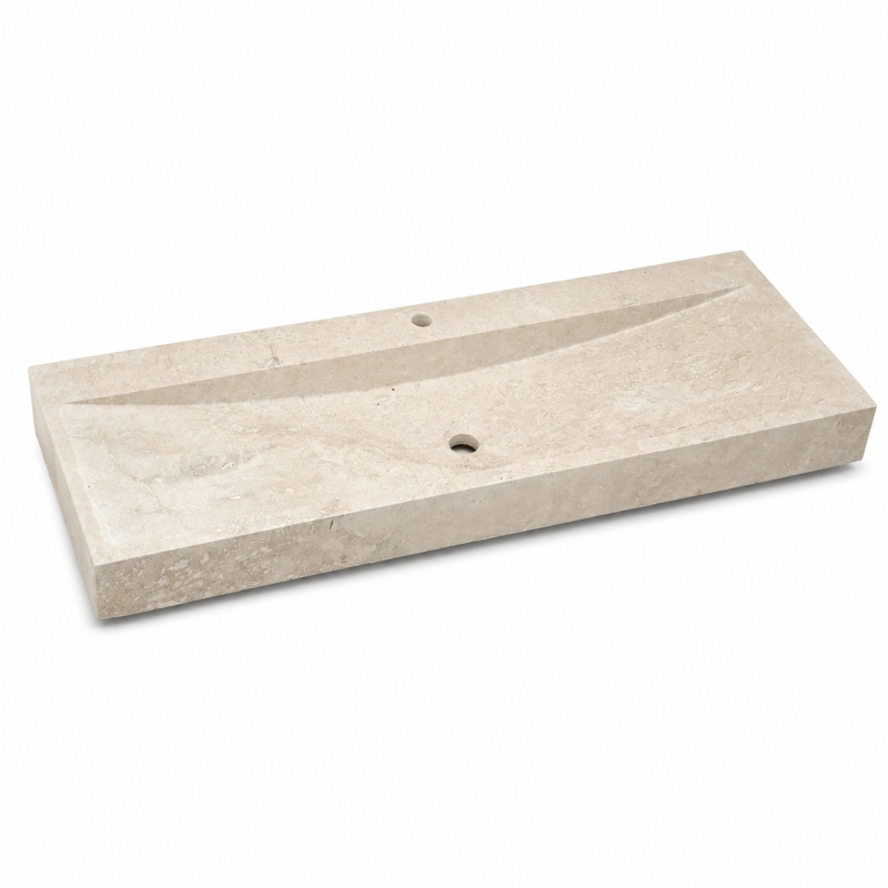 Vasque à poser Travertin Beige - 120x45x10cm - Cuve Arrondie Longueur - Bord droit - 1 perçage robinet -