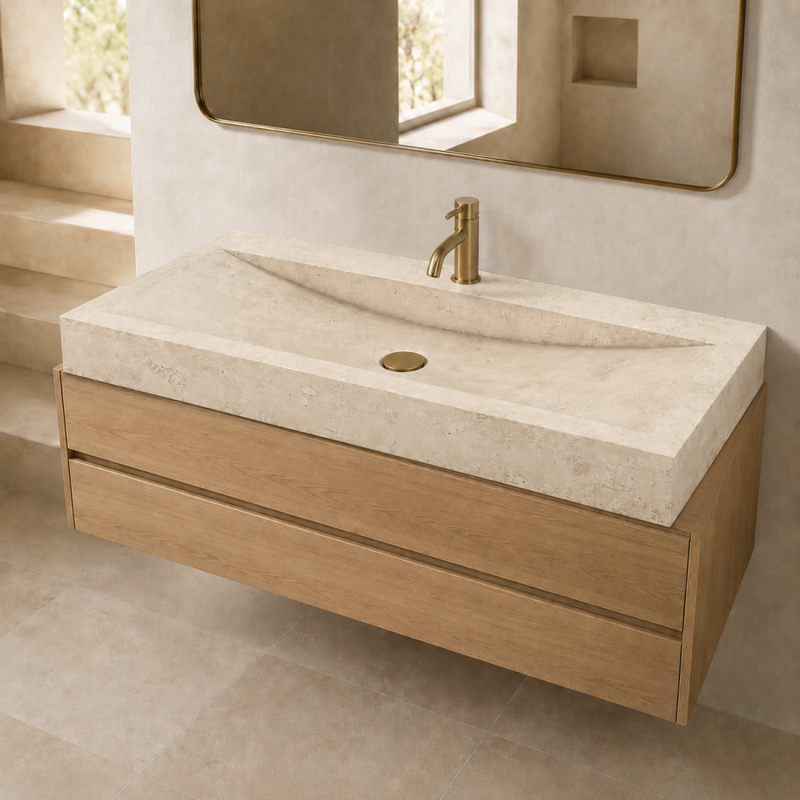 Vasque à poser Travertin Beige - 100x45x10cm - Cuve Arrondie Longueur - Bord droit - Lisse - 1 perçage robinet -