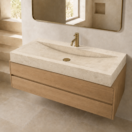 Vasque à poser Travertin Beige - 100x45x10cm - Cuve Arrondie Longueur - Bord droit - Lisse - 1 perçage robinet -