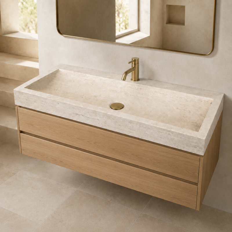 Vasque à poser Travertin Beige - 100x45x10cm - Cuve Arrondie Profondeur - Bord droit - Lisse - 1 perçage robinet -