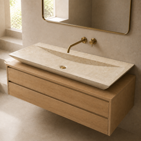 Vasque à poser Travertin Beige - 120x45x10cm - Cuve biseautée - Bord biseauté - Lisse -