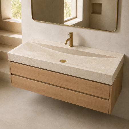 Vasque à poser Travertin Beige - 120x45x10cm - Cuve Arrondie Longueur - Bord droit - 1 perçage robinet -