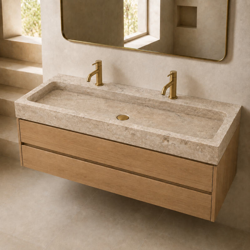 Vasque à poser Travertin Noisette - 120x45x10cm - Cuve Droite - Bord droit - Lisse - 2 percages robinet -