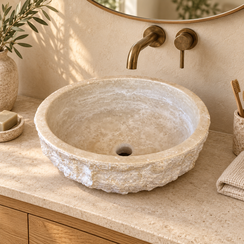 Vasque à poser Travertin Beige - Bol - ⌀40x15cm - Eclatée -