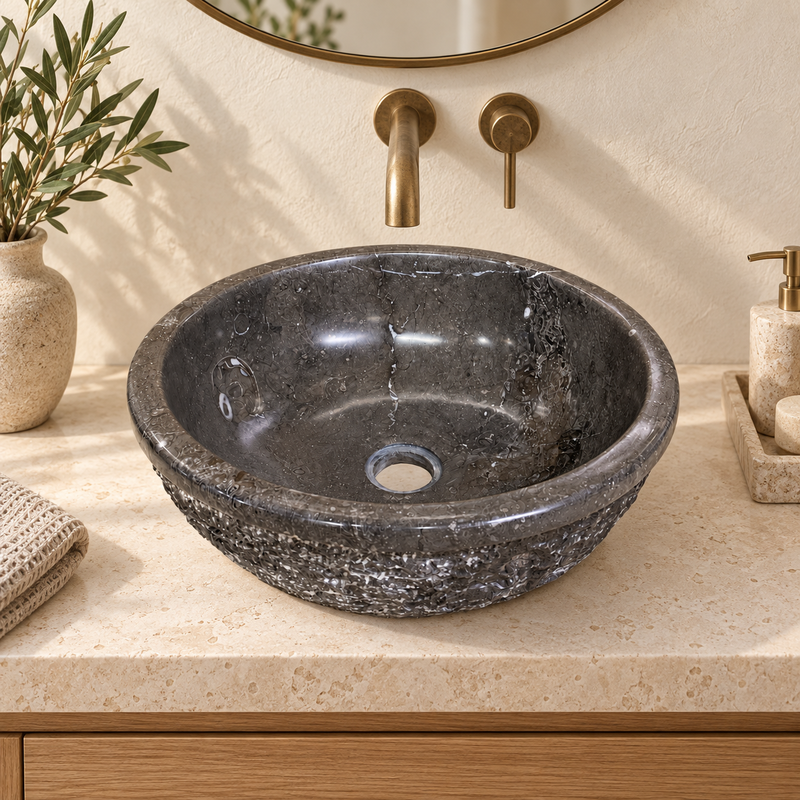 Vasque Marbre Gris - ⌀ 40cm - Hauteur 14cm - Bol Eclaté -