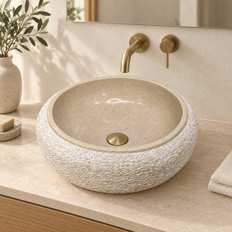 Vasque Marbre Beige - ⌀ 40cm - Hauteur 14cm - Bombée Eclatée -