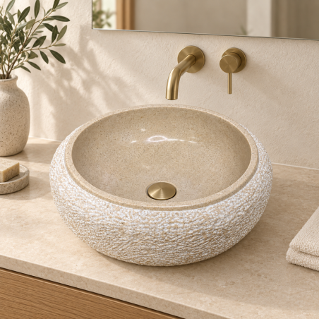 Vasque Marbre Beige - ⌀ 40cm - Hauteur 14cm - Bombée Eclatée -