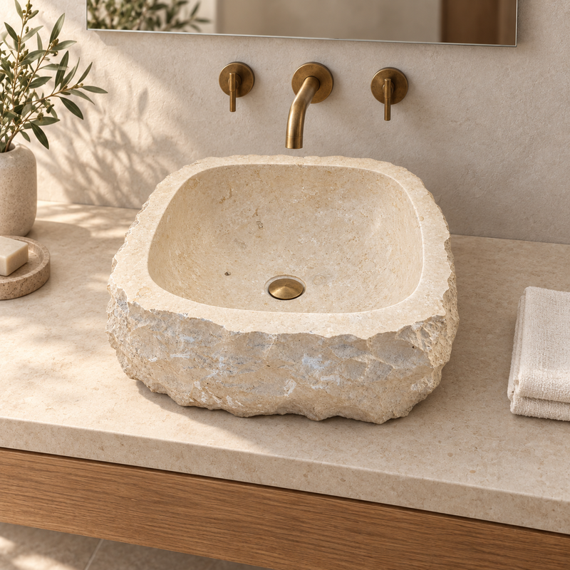 Vasque à poser Marbre Beige V - 45x45x15cm - Eclatée Naturelle -