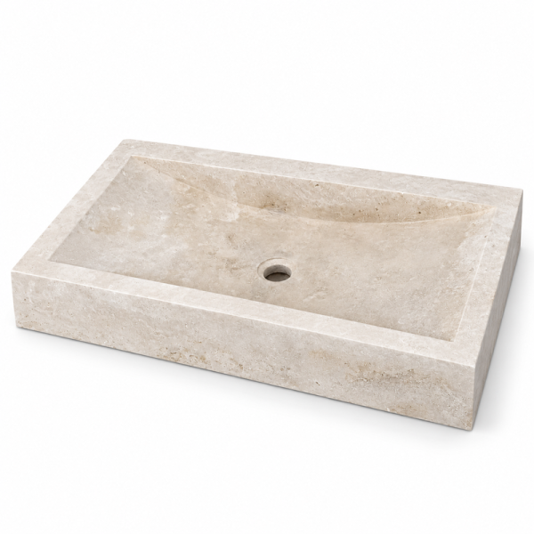 Vasque à poser Travertin Beige - 70x45x10cm - Cuve Arrondie Longueur - Bord droit -