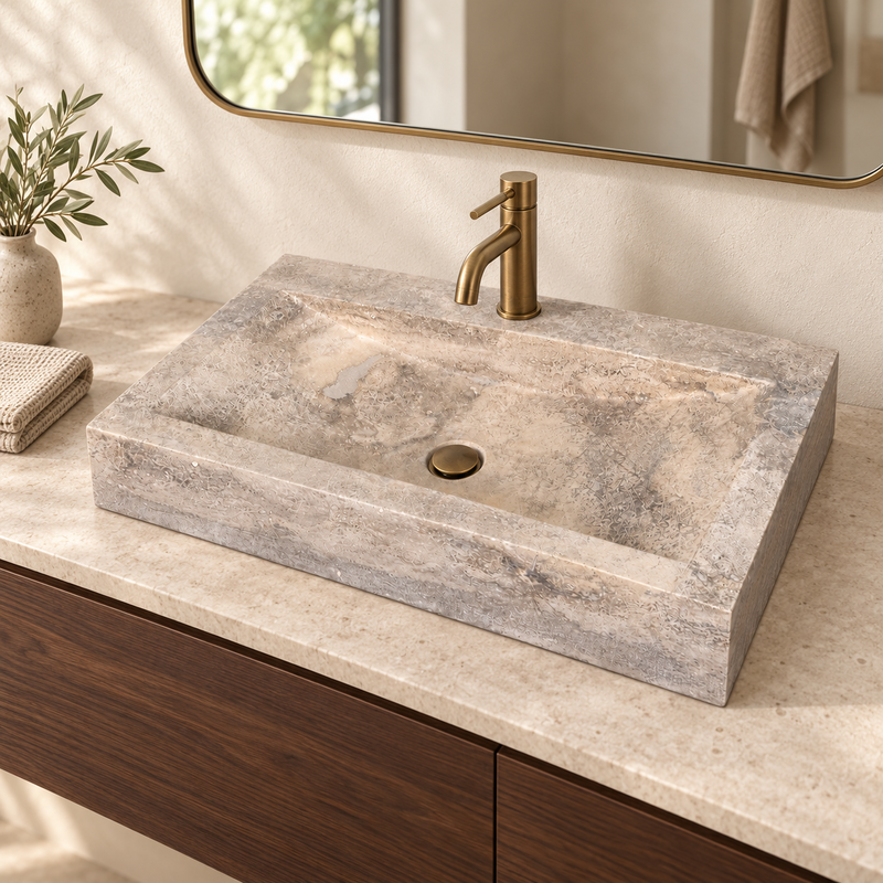 Vasque à poser Travertin Noisette - Bord droit - 70x45x10cm - Cuve Arrondie Longueur - Bord droit - 1 perçage robinet -