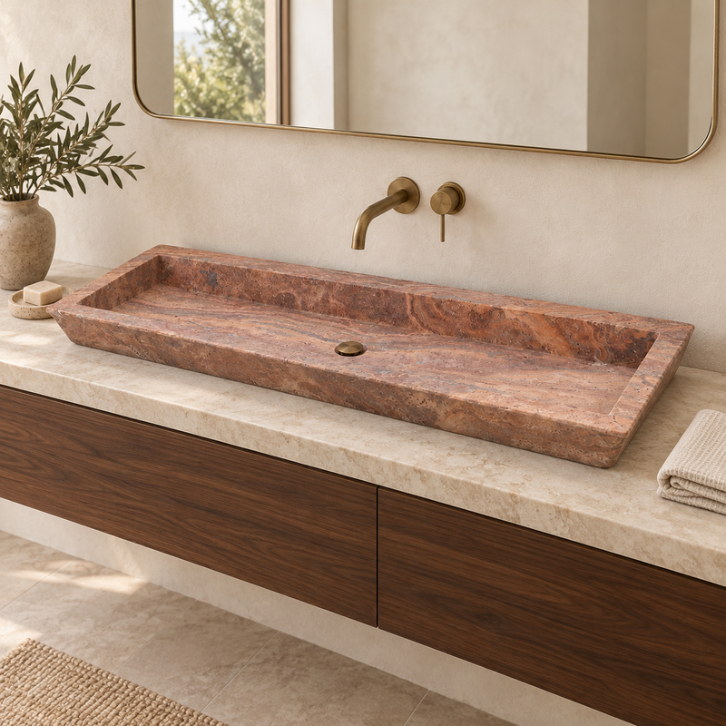 Vasque à poser Travertin Rouge - 120x45x10cm - Bord biseauté Fin -