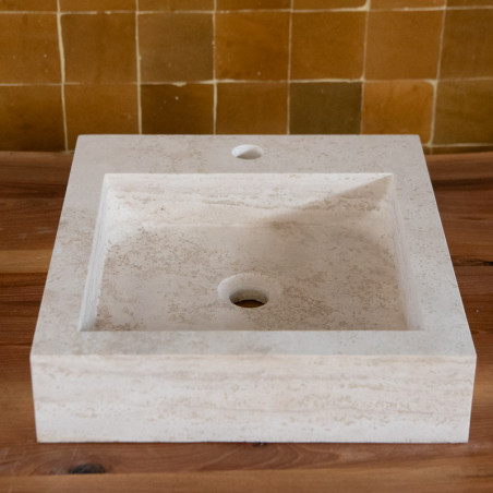 Vasque à poser Travertin Beige - 40x45x10cm - Bord droit - 1 perçage robinet -