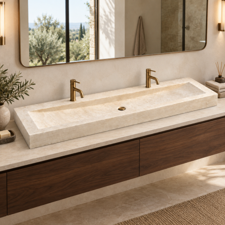 Vasque à poser Travertin Beige - 170x45x10cm - Cuve Arrondie Profondeur - Bord droit - Lisse -