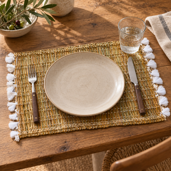 Sets Artisanaux- Osier - ≈ 40X30cm - Pompom - Blanc -
