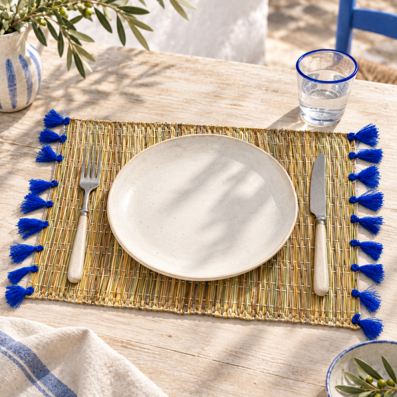 Sets Artisanaux- Osier - ≈ 40X30cm - Pompom - Bleu Majorel -