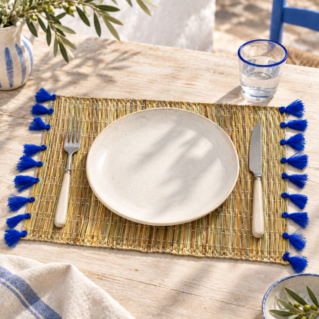 Sets Artisanaux- Osier - ≈ 40X30cm - Pompom - Bleu Majorel -