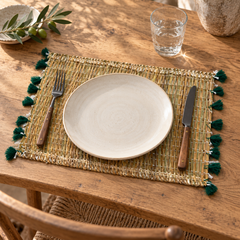 ets Artisanaux- Osier - ≈ 40X30cm - Pompom - Vert Emeraude -