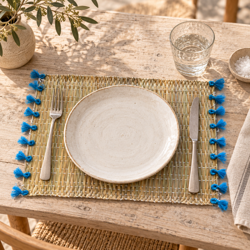 Sets Artisanaux- Osier - ≈ 40X30cm - Pompom - Bleu Turquoise -