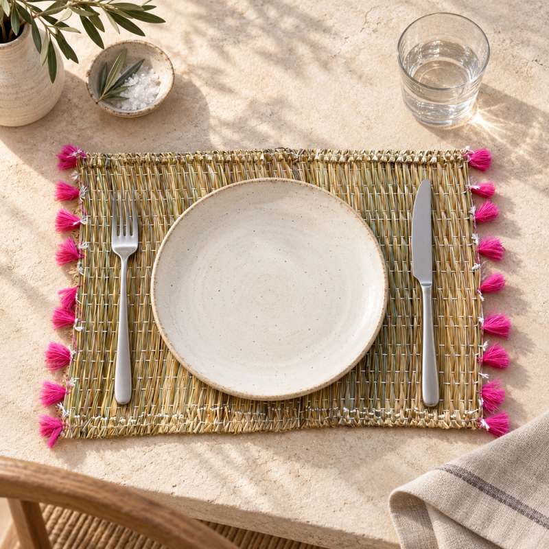 Sets Artisanaux- Osier - ≈ 40X30cm - Pompom - Rose Fuchsia -